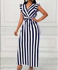 women striped dress lotus leaf sleeves