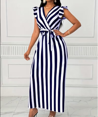 women striped dress lotus leaf sleeves